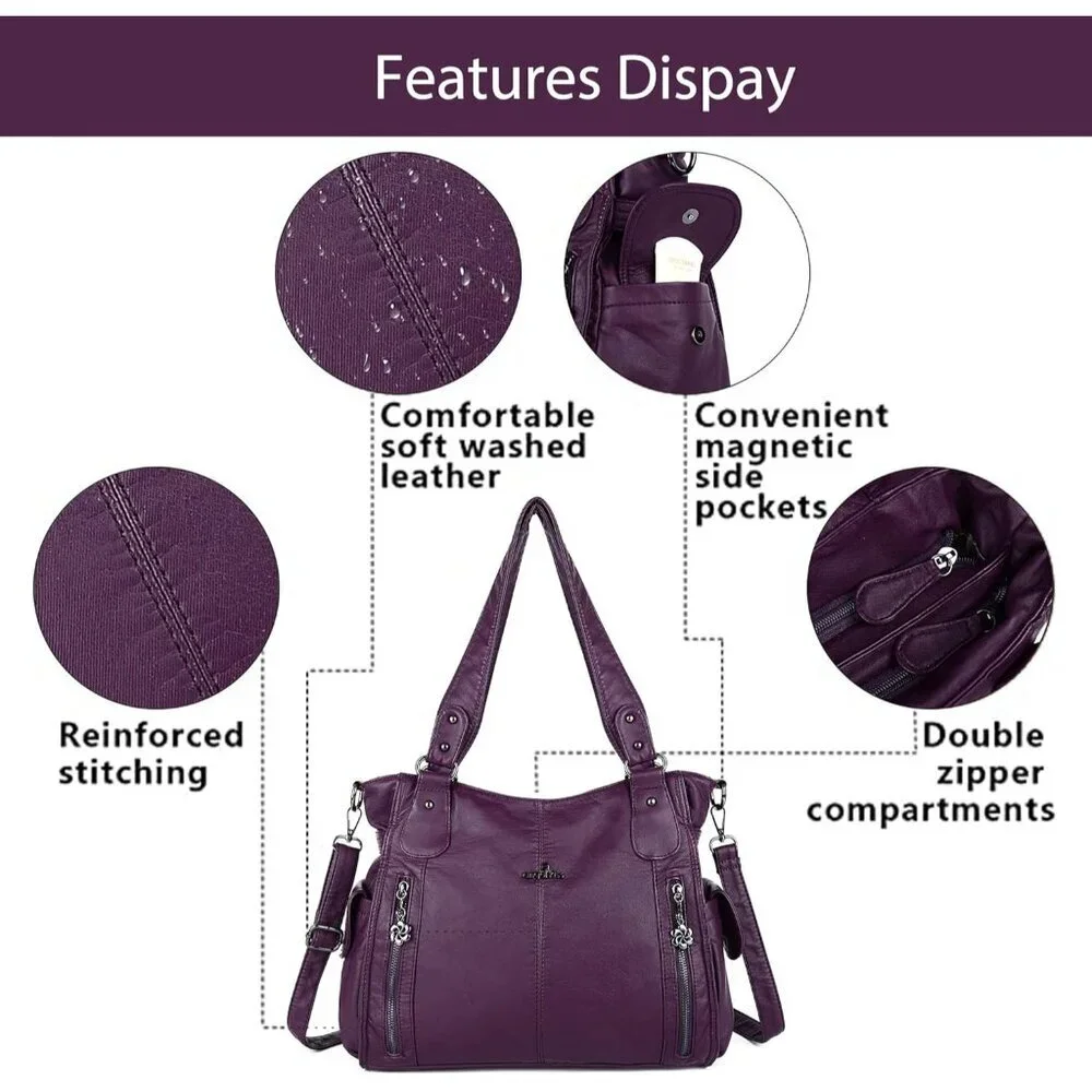 〽️Women's Purple PU Leather Hobo Shoulder Bag with Top Handle and Zipper Pockets